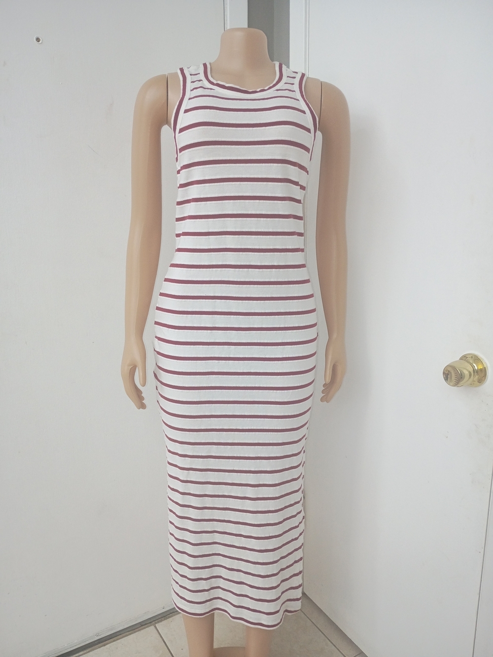 Striped Tank Midi Dress - White & Burgundy - Picture 2 of 8